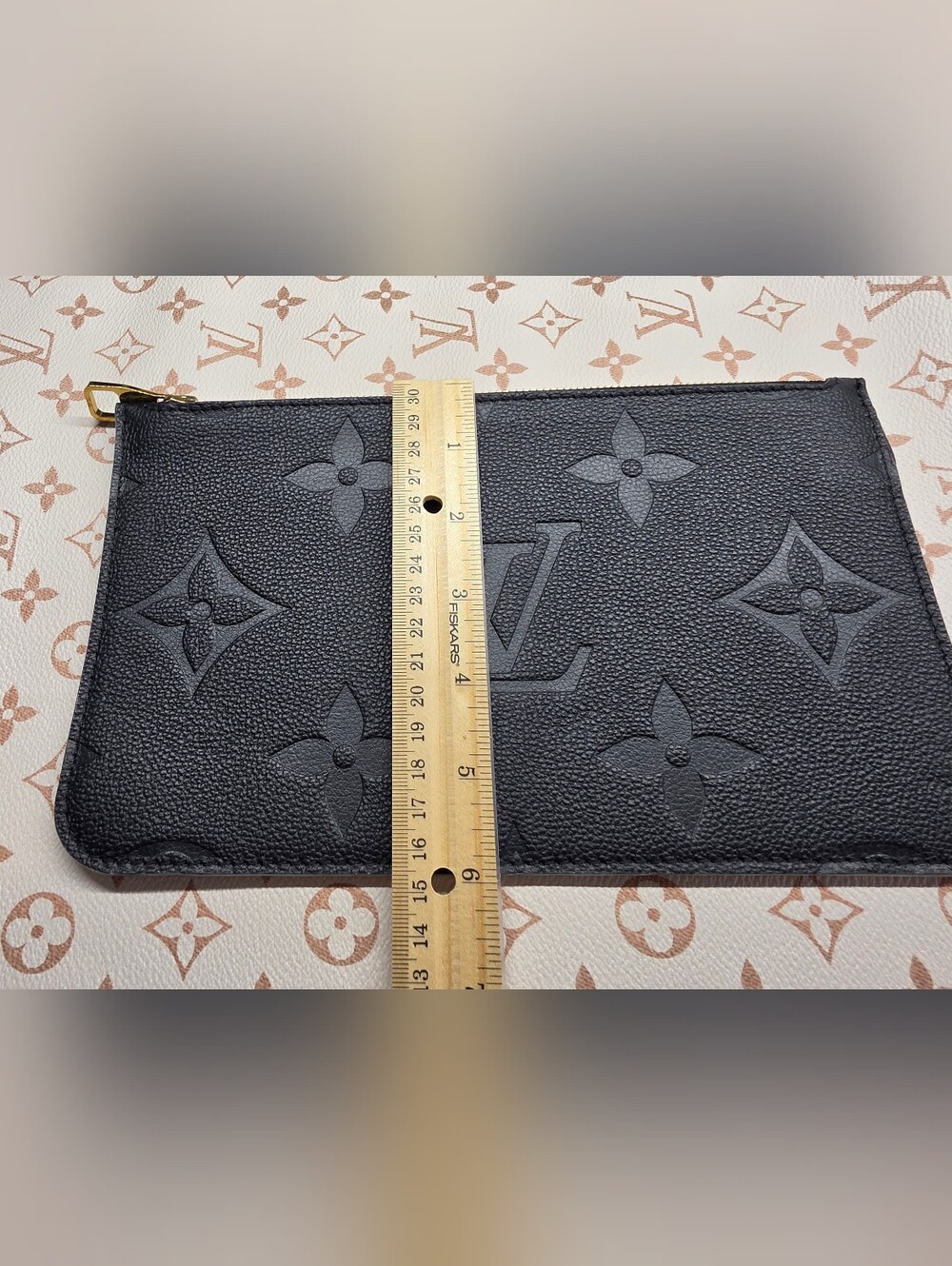 Louis Vuitton Neverfull Black Embossed Monogram Pouch with Gold Zipper - Picture 10 of 12